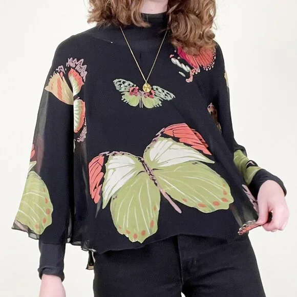 Vintage 90s Y2K Silk Poncho Top Sheer Butterfly Print Whimsical Blouse Tunic 00s - Picture 1 of 6